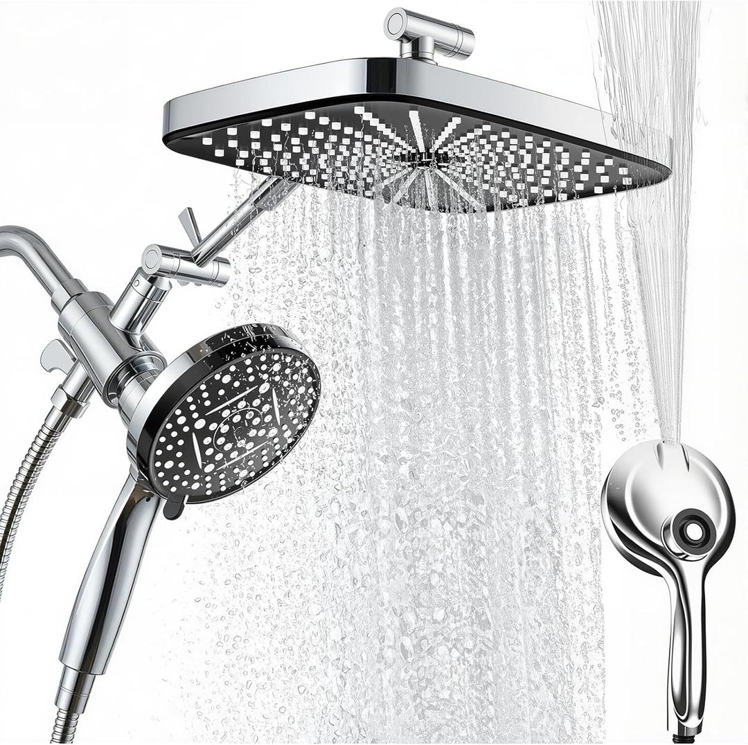 Rain Shower Head with Handheld Spray Combo,10-Spray Mode High Pressure Rain Shower Head with Power Jets, Bathroom Faucet Set, 71" Long Hose, Chrome Silver