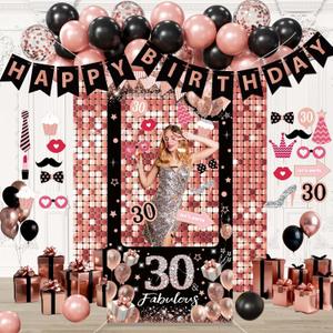 Black Pink Birthday Decorations for Women,Photo Booth Props for girl, Banner, Balloons,Party supplies (30th)