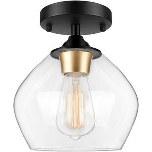Modern Semi Flush Mount Ceiling Light with Clear Glass Shade, Industrial Close to Ceiling Light, Black Hanging Ceiling Light Fixture for Hallway, Bedroom, Dining Room, Entryway, Foyer