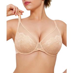 Popilush Bras for Women Lace Minimizer Underwire Bra, Unlined Full Coverage with Comfortable Lift for Large Bust (Beige)