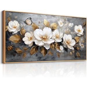 FUHAIHUA Wood Framed Canvas Wall Art For Living Room Wall Decor For Bedroom Office Wall Decoration White Flower Painting Farmhouse Pictures Artwork Room Aesthetic Home Decor 20x40 In (40L" x 20W", White Flower Wood Framed)