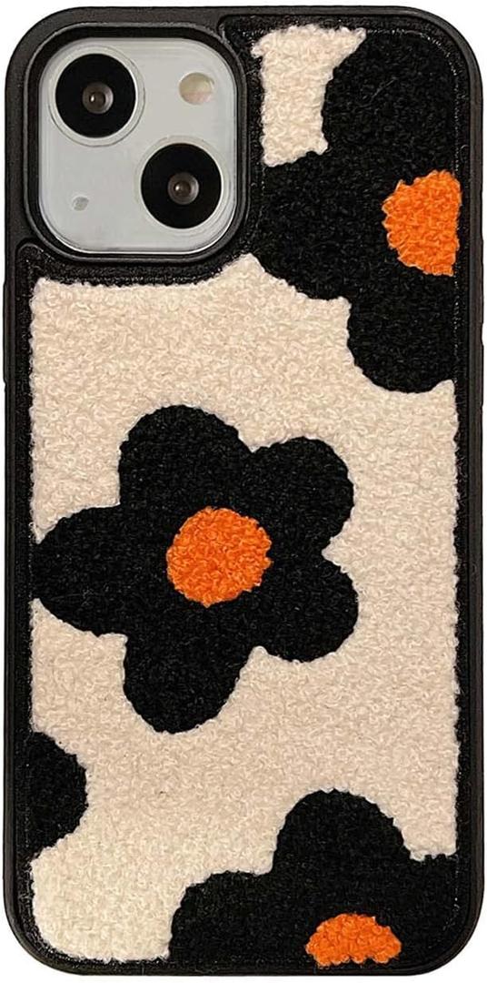 Creative Flower Case for iPhone 15 Cute Design,Embroidery Floral Case for iPhone 15 Kawaii Fluffy Back,Fashion Slim Girly Case Protective Cover for iPhone 15 6.1inch 2023(Orange Flower)