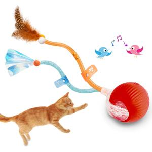 Interactive Cat Toys Ball,Automatic Cat Toy with Speedy Tail - Electric Rolling Ball for Indoor Cats, Motion-Activated Play with Elastic Mesh Tail (Red)
