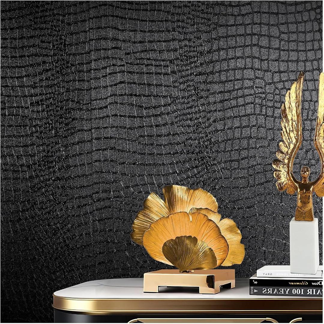 Black Peel and Stick Wallpaper, 15.7" X 590", Embossed Crocodile Wallpaper, Easy Peel Off, Self-Adhesive, Removable Contact Paper, Textured for Cabinet, Bedroom