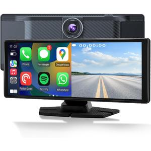 Wireless Apple CarPlay Screen for Car, 10.26" Touchscreen with Portable Car Stereo CarPlay & Android Auto, 4K Front Dash Cam, 1080P Backup Camera, Mirror Link, Voice Control, GPS Navigation (Brown)