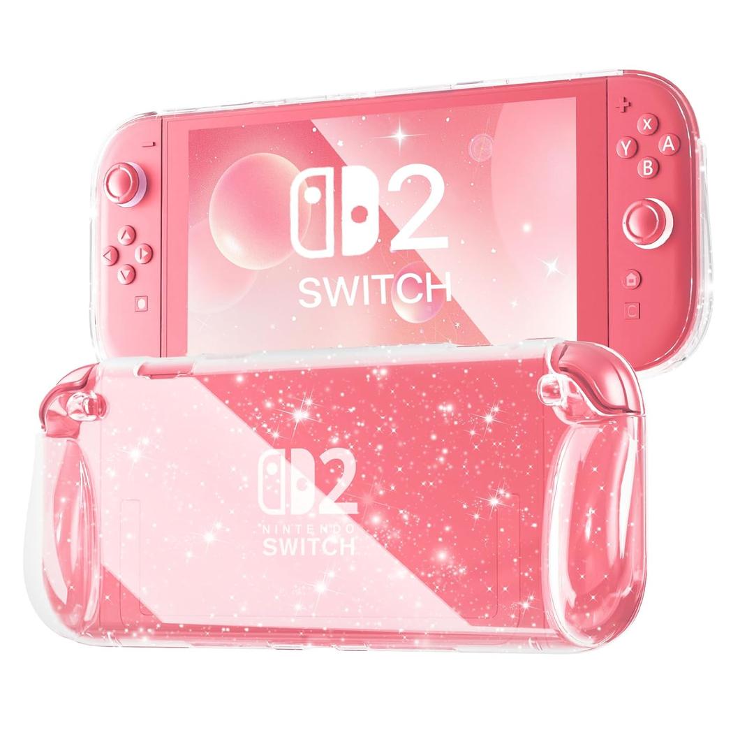FIWWAT Switch Case for Nintendo Switch 2, Slim Clear Protective shell with Comfortable Grip Design, Soft TPU Shock-Absorption and Anti-Scratch Cover for Switch 2, Cute Sparkle Shining Skin - Glitter