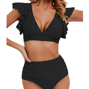 Women Ruffle High Waisted Swimsuit Two Piece Tropical Print Swimsuit Push Up Bathing Suit, Size Large