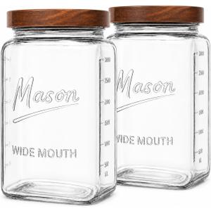 1 Gallon Glass Jars with Wooden Lids - Extra Large Mason Jars Wide Mouth with Airtight Wood Lids - Square Glass Storage Containers with Measurement Markings for Flour, Sugar & Pickling, 2 Pack