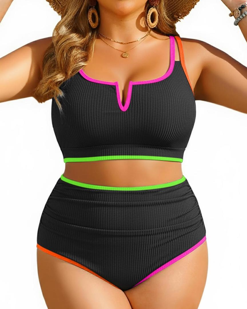 Yonique Women Plus Size High Waisted Bikini - Ribbed Two Piece Swimsuit Tummy Control Bathing Suit V-Wired 2025 Swimwear Colorful Black 12W
