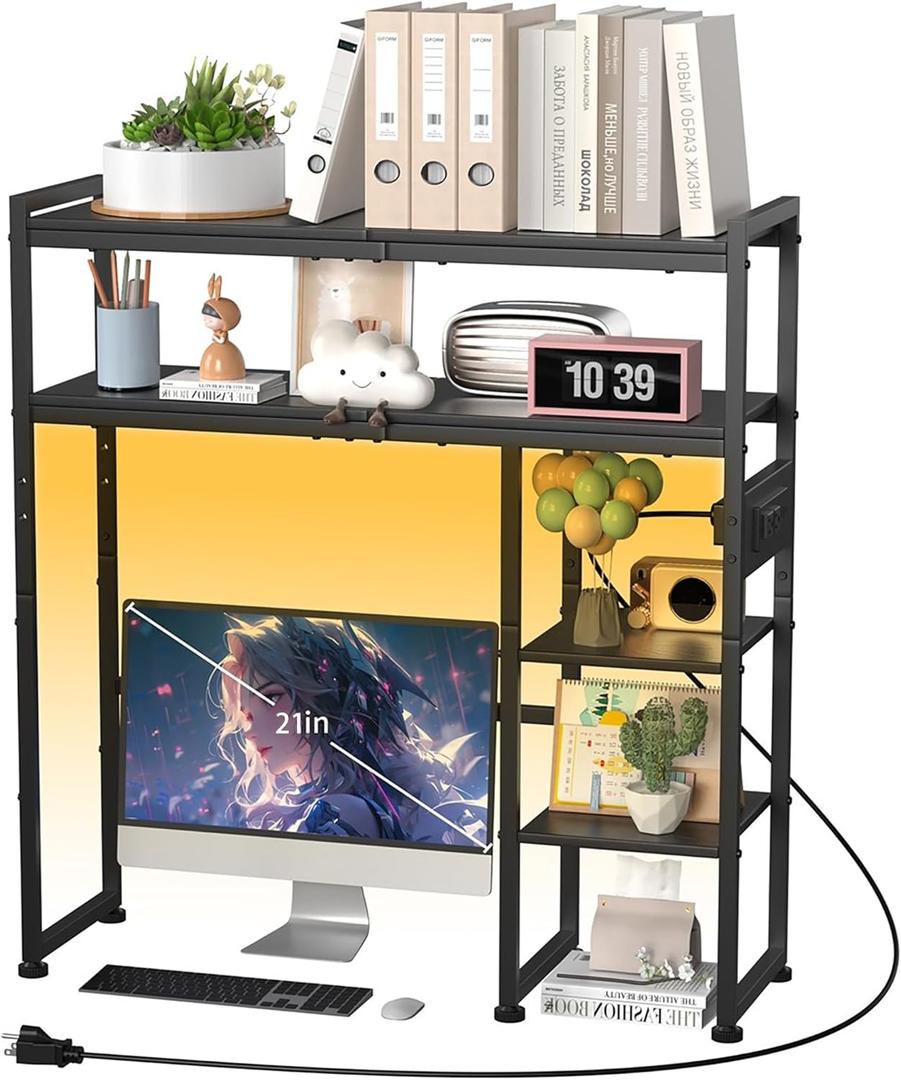 Aetheris Desktop Organizer Shelf, 30" Wooden Office Storage Rack with Outlets, Display Shelf Rack with Light Strip, 5 Tier Desktop Display Rac, Desk Shelf, Desk Hutch for Computer Monitor (Black)