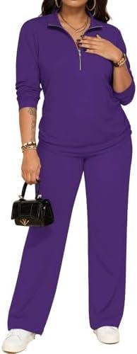 PINSV Women's 2 Piece Outfits Sweatsuit Lapel Half Zip Sweatshirts Wide Leg Pants Set Tracksuit, Purple, L