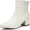 YAYONE Rhinestone Zipper Sparkly Ankle Boots - Glitter Pointed Toe Fashion Comfortable Shoes, Pull on Chunky Heel Western Boots (9, White)