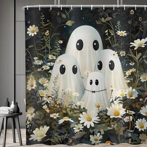 deFouliao Halloween Shower Curtain Flower with Ghost Family Cute Funny Bathroom Curtain Sets for Halloween Themed Bath Home Decor, Waterproof Fabric Decoration with Hooks 72x72 Inch (Green)
