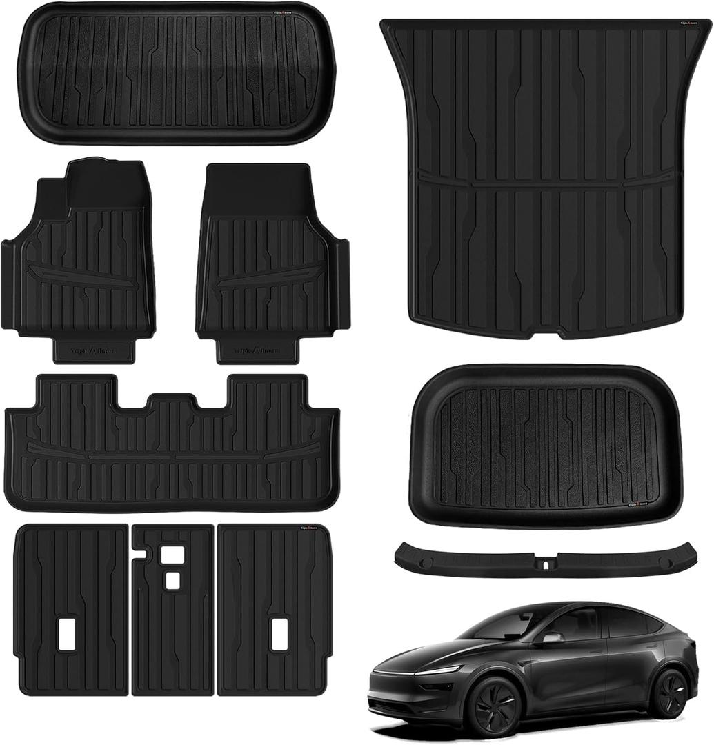 TripleAliners 10PCS Floor Mats Fit for 2026 2025 Tesla Model Y Juniper Set Full Protection All Weather TPE Anti-Slip Custom Fit Floor& Frunk& Trunk& Rear Lower& Backrest Mat& Bumper Guard