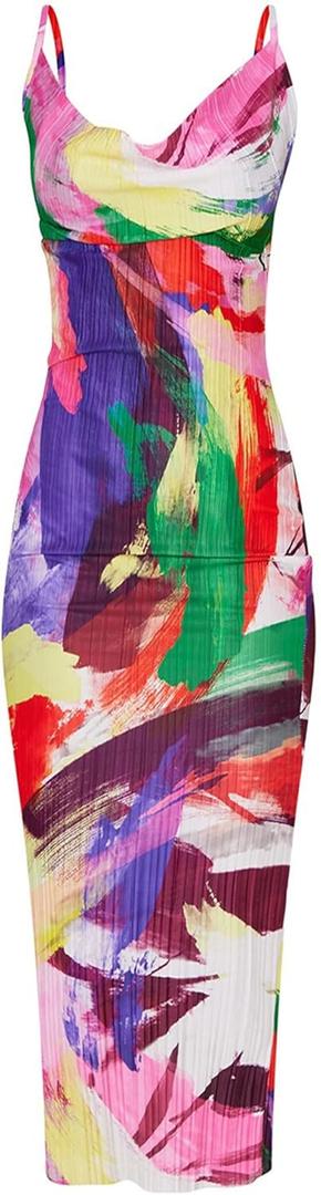 Cowl Neck Dress Sexy Strap Shoulder Pleated Maxi Dresses Summer Wedding Guest Dresses for Women (Large, Multicolored)