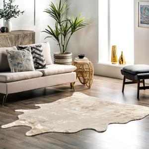 nuLOOM Marcia Machine Washable Faux Cowhide Area Rug, Shaped 3'10"x5', Off-White