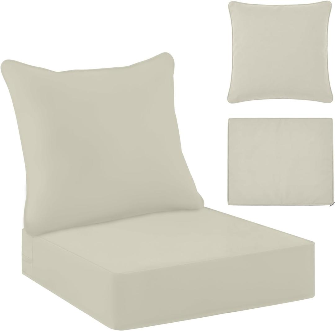 Tingjoo 1 Set 24x24x4 Inch Outdoor Chair Cushions Cover, Waterproof UV Resistant Patio Cushion Replacement Seat Slipcovers, 24x20 Back Cover with Zipper for Furniture Deep Seat Sofa (Beige)