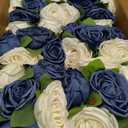 Dining Table Centerpiece Set of 6 - Pre-Made Aritifial Rose with Wooden Vase Fake Floral Arrangment Faux Flower for Wedding Bridal Tea Party Event Decorations - Navy Blue & White