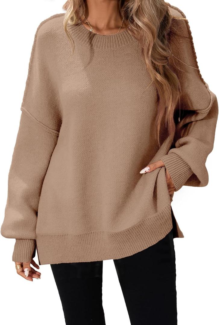 SunnyMelody Womens Oversized Batwing Sweater Fall 2025 Crew Neck Pullover Knit Tops - Outside Seam, High-Low Hem, Side Slit (Size Medium, Dusty Almond)