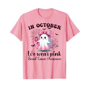Halloween In October We Wear Pink Breast Cancer Awareness T-Shirt L