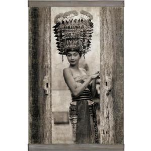 Cruiser’s Caché "Girl with Exotic Headdress-Chennai India" Paper Scroll Wall Art. Printed on Recycled Paper with Reclaimed Wood Scroll Poles. 24”x36”