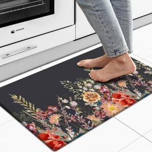 MAYHMYO Kitchen Rug Anti Fatigue Kitchen Mat Cushioned Black Floral Plants Cute Vintage Kitchen Rugs Non Skid Waterproof Kitchen Rugs and Mats for Floor Laundry Standing Desk Sink (1'5" x 2'5" (Rectangular))