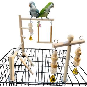 Hamiledyi Natural Wood Bird Play Gym for Small Birds, Parakeet Cockatiel Playstand with Perch, Ladder & Swing Toys for Cage Top(Style B)