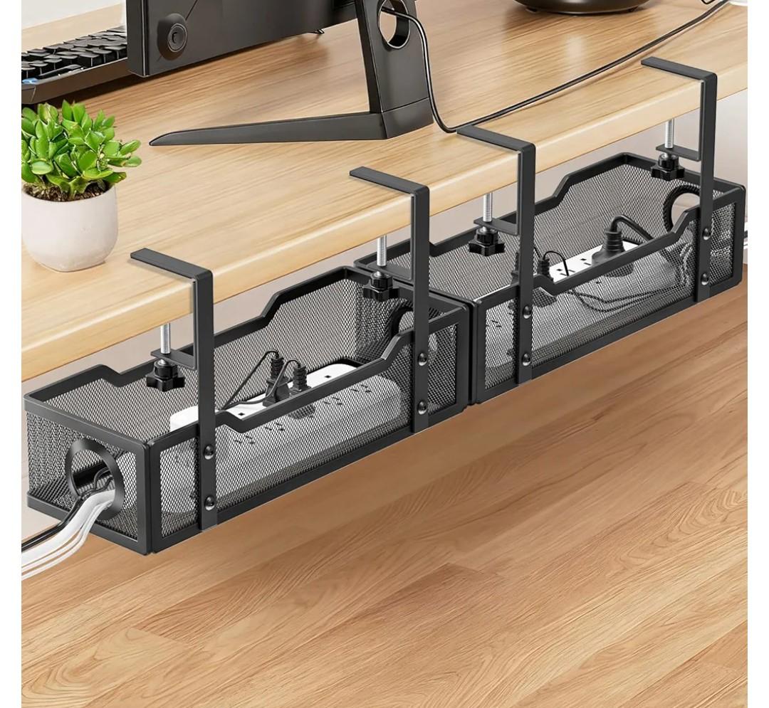 Under Desk Cable Management Tray, GZOKMOG Cord Management with Upgraded Clamp No Drill, Metal Cable Management Box for Home Office, Wire Management for Standing Desk, 2 Pack Black, 13.38 inch