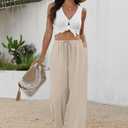 Sampeel Linen Pants Women Wide Leg Palazzo Pants Flowy Casual Summer Outfits Fashion Beach Vacation Clothes Plus Size Spring Drawstring Elastic Waist Trouser Khaki XL