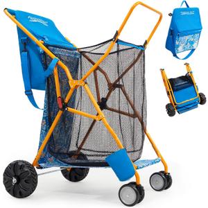 Old Bahama Bay Upright Beach Cart with Large Wheels for Sand, Wide Wheelbase, 100 lbs Capacity Beach Wagon with Insulated Cooler Bag, Mesh Body Board and Umbrella Holder