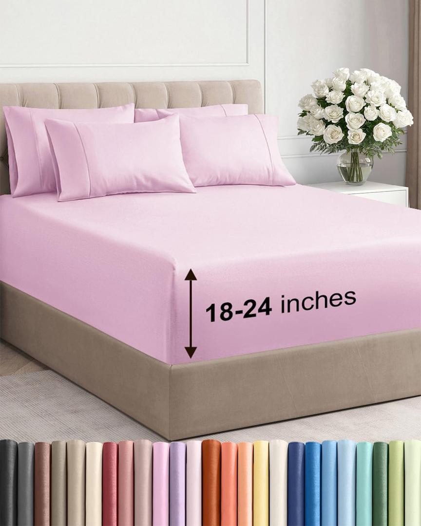 Extra Deep Full Sheet Set - 6 Piece Breathable and Cooling Sheets - Hotel Luxury Bedding for Women, Men, Kids & Teens - Easy & Secure Fit - Soft, Wrinkle Free & Comfy - Extra Deep Pockets - Light Pink