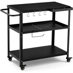 Outdoor Grill Cart Table,Indoor and Outdoor Pizza Oven Table,with 4 Movable Total Lock Casters, Hooks, Side Handle Multifunctional (Black) (Black) (Black flattop - black frame)