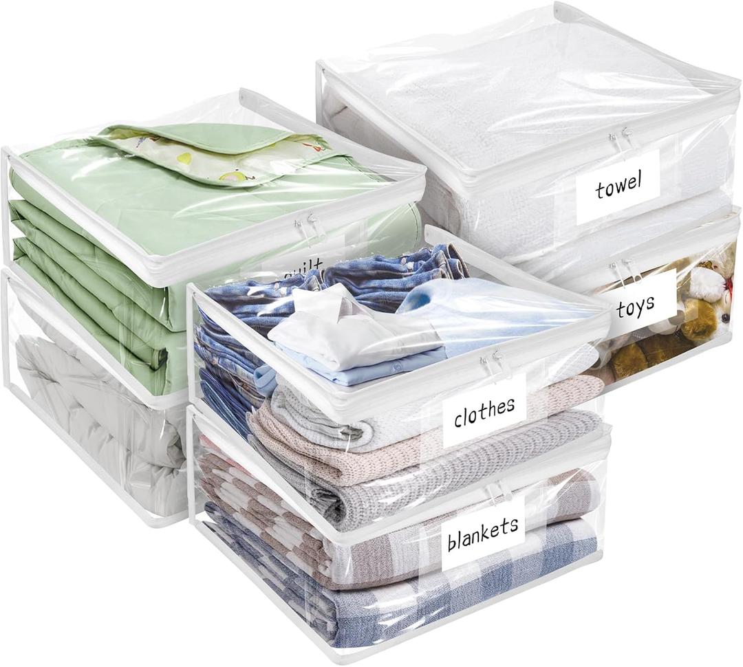 Plastic Storage Bags with Easy-Glide Zipper, Pack of 6, Durable Clear Vinyl Zippered Storage Bags for Clothes Sweaters Comforters Blankets Sheets Bedding (12 x 12 x 3.9 Inch)