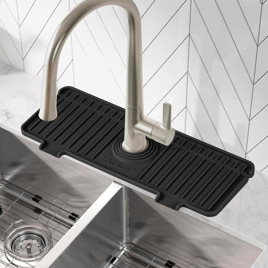 Amerner Kitchen Sink Splash Guard, 10 Large Slope & Adaptable Hole Faucet Mat for Kitchen Sink, Silicone Sink Organizer Sponge Holder for Kitchen, Bathroom, RV, Bar, 14.2 x 5.1, Black