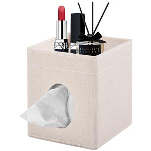XNONE Tissue Box Cover with Storage Tray Square Tissue Box Holder PU Leather Facial Tissues Organizer Tray for Bathroom Vanity Bedroom Office Car,Stylish Napkin Caddy Decorative Organizer,Beige