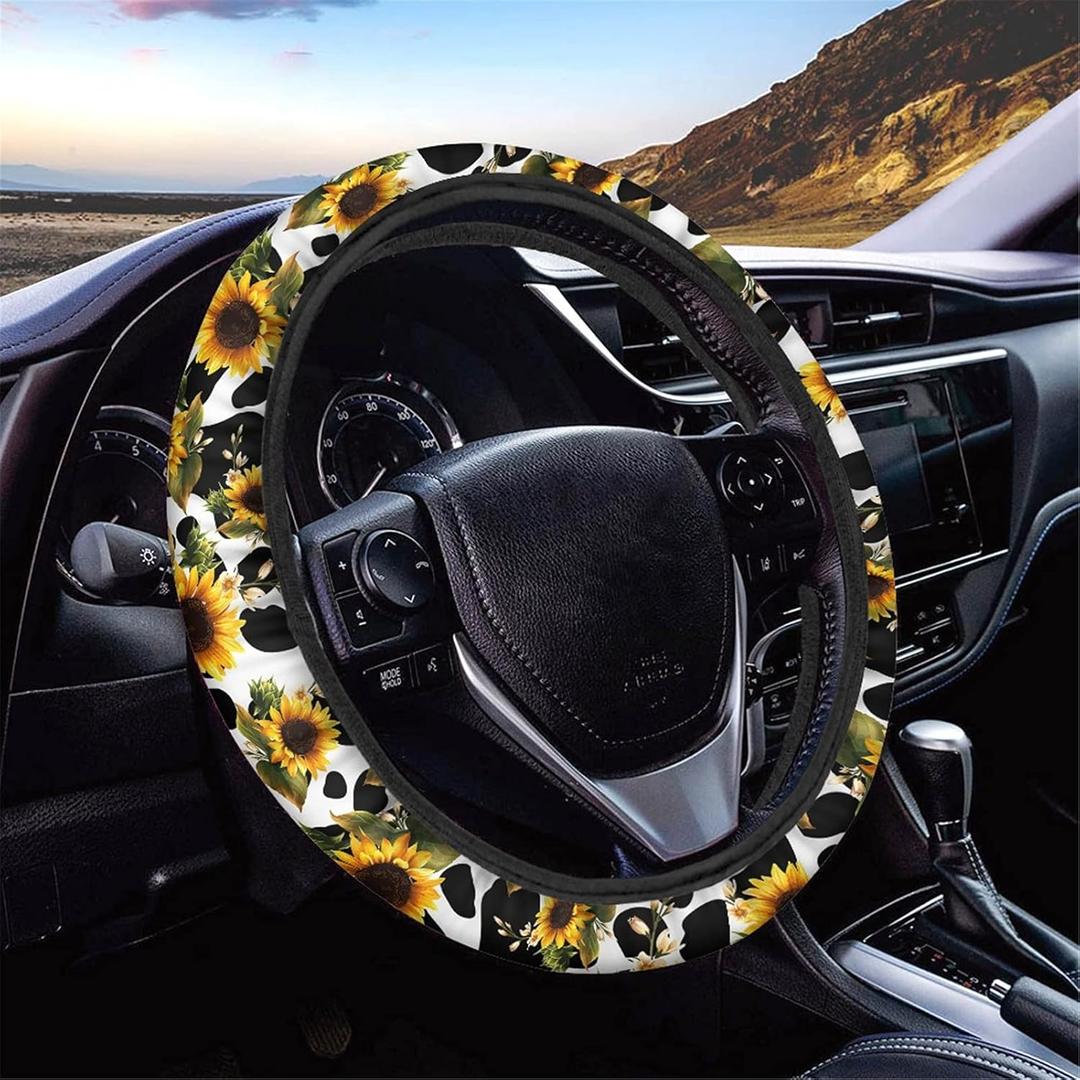 Sunflowers Cow Print Car Steering Wheel Cover for Women Girls Universal Suitable for Most Cars