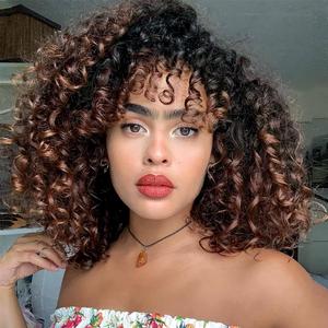 YEAME Curly Wigs for Black Women - Kinky Curly Afro Wig with Bangs, Brown Mixed Black, 15 Inch, Heat Resistant Synthetic Fiber