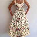 Women's Boho Floral Print Spaghetti Strap Pocket Midi Dress Casual Summer Dress, Size M