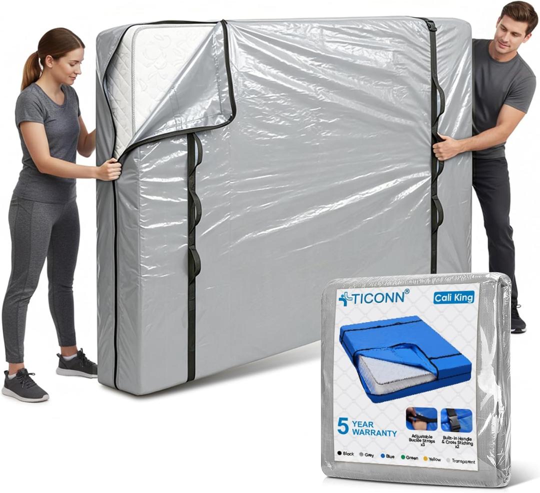 TICONN Mattress Bags for Moving, Heavy Duty Cali King Mattress Cover Storage Bag with Full-Around Handle and Adjustable Buckles (Gray, Cali King)