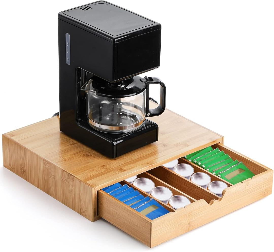 Peohud Bamboo Coffee Pod Drawer, Espresso Coffee Capsule Holder with 5 Adjustable Compartment, Tea Bag Storage Organizer for Kitchen Counter Office Coffee Station