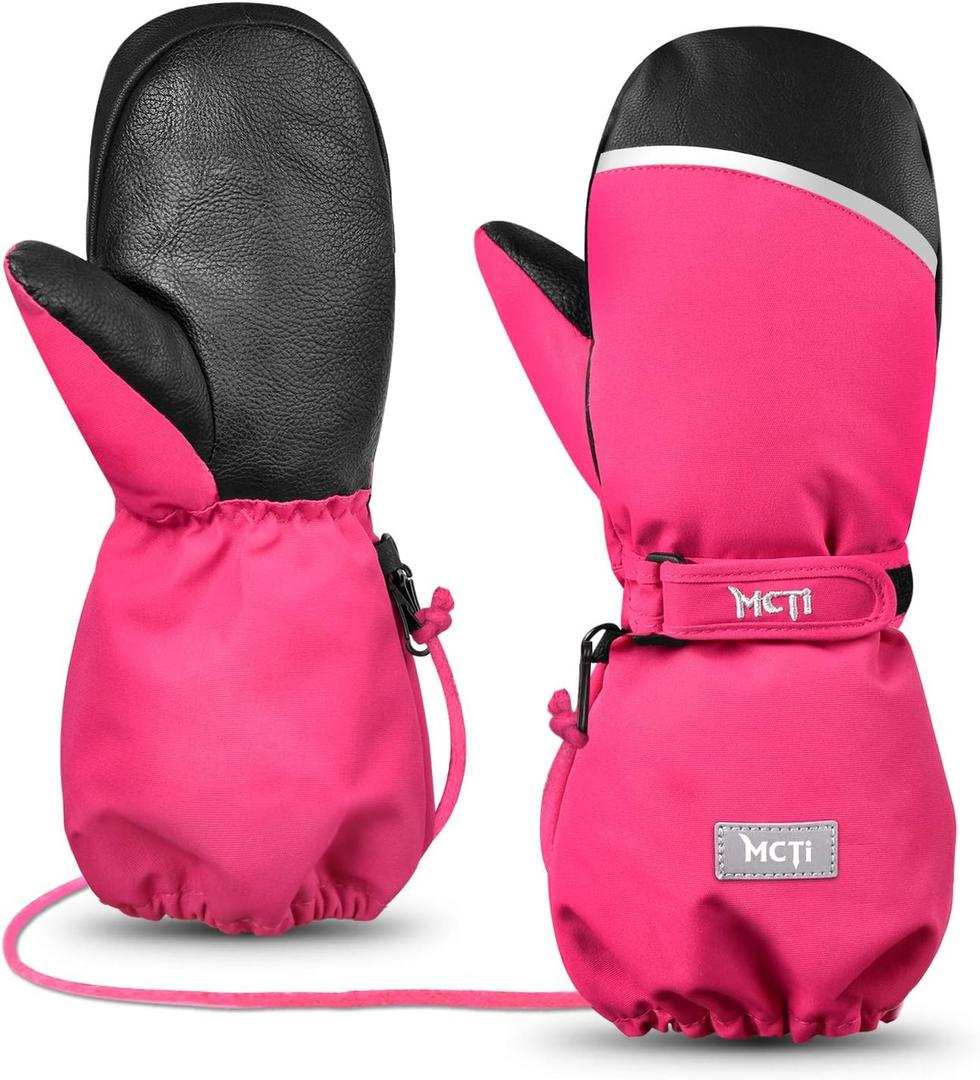 MCTi Kids Mittens Waterproof Winter Ski Warm Sherpa Lined Long Cuff with String (Black, XS)