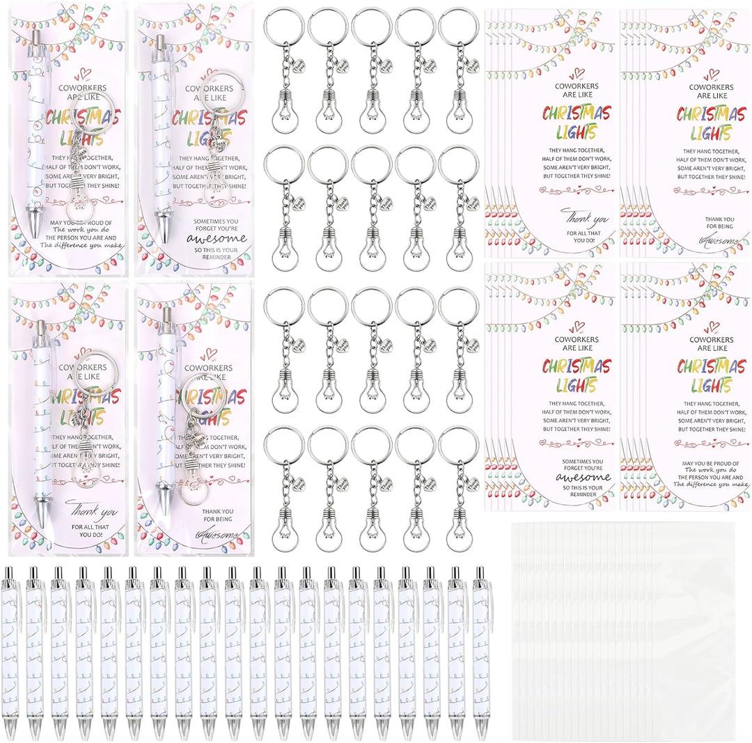 20 Set Employee Christmas Gifts with Bulb Keychains Motivational Ballpoint Pens Thank You Card Office Appreciation Gift for Staff, Teachers & Team Holiday Party Favors