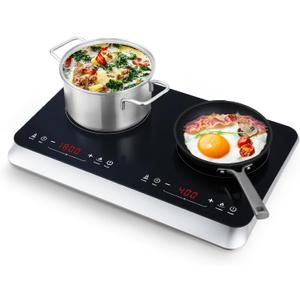 Double Induction Cooktop Burner with Fast Warm-Up Mode, 1800w 2 Burner with 10 Temperature 9 Power Settings, Portable Dual Induction Cooker Cooktop with Child Safety Lock & Time