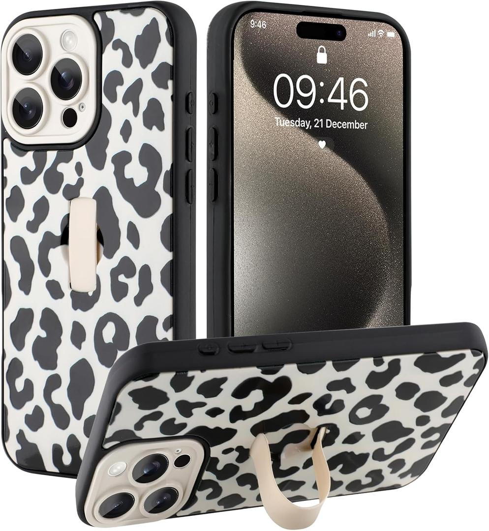 Compatible with iPhone 15 Pro Max Case for Women Girls, Cute Cheetah Leopard Pattern, Built in Adjustable Wrist Strap Grip Hand Holder Stand Shockproof Kickstand Cover (Black White)
