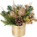 Mini Christmas Tree, Artificial Potted Christmas Tree with Pears Pine Cones Berries Tabletop Small Christmas Floral Arrangements in Gold Ceramic Pot Xmas Centerpieces for Table Desk Mantle Decor-9.4''
