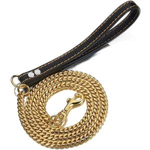 Strong Dog Chain Gold Leash Long 3FT 4FT 5FT 18K Stainless Steel 12mm Curb Cuban Link Dog Leash with Comfortable Genuine Leather Handle (Gold, 5FT)