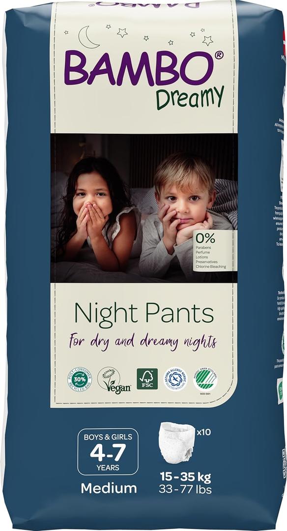 Bambo Nature Premium Dreamy Night Pants, Pull Up Pants, Eco-Labeled Night Time Diapers, Secure, Comfortable, Skin Friendly : Children Aged 4-7 Years, 10 Count (Medium)