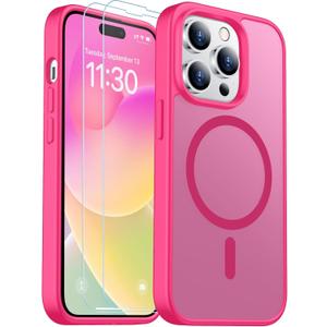 SPIDERCASE for iPhone 14 Pro Case, Magnetic Translucent Matte Case with 2PCS Tempered Glass Screen Protector Slim Phone Case for iPhone 14 Pro 6.1'', Hot Pink