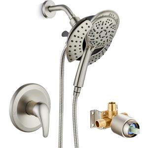 Single Handle Shower Faucet Set with Valve,Shower Trim Kit with 9-Spray 2-in-1 Dual Hand Held Shower Head with Hose Included without Tub Spout Brushed Nicke