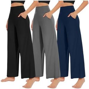 NEW YOUNG 2 Pack Women's Wide Leg Pants with Pockets High Waist Loose Sweatpants Casual Lounge Yoga Workout Palazzo, Large, Blue/Gray 